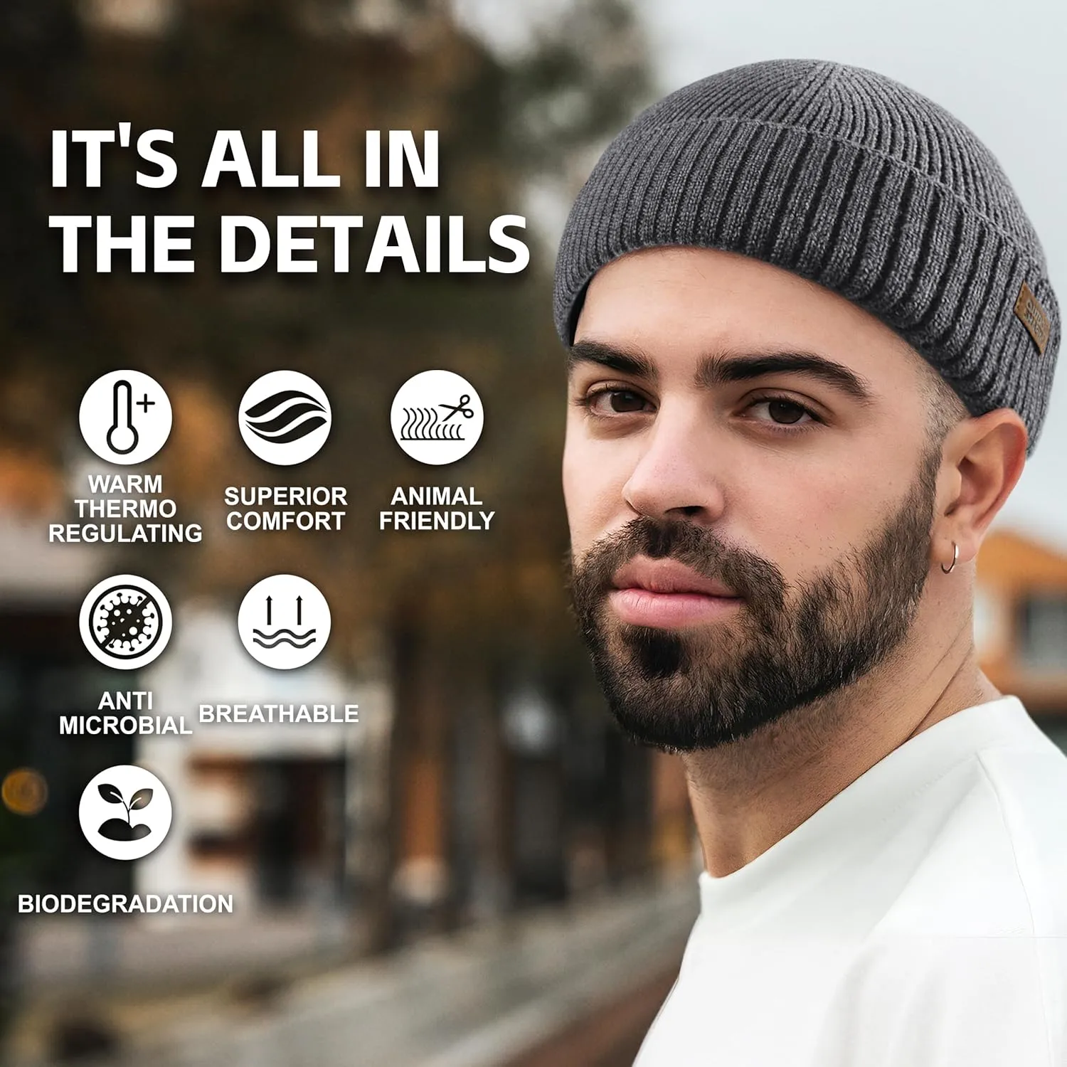 OUTDOOR SHAPING Merino Wool Short Fisherman Beanies for Men Women, Knit Cuff Trawler Beanie Cap, Winter Warm Daily Hat