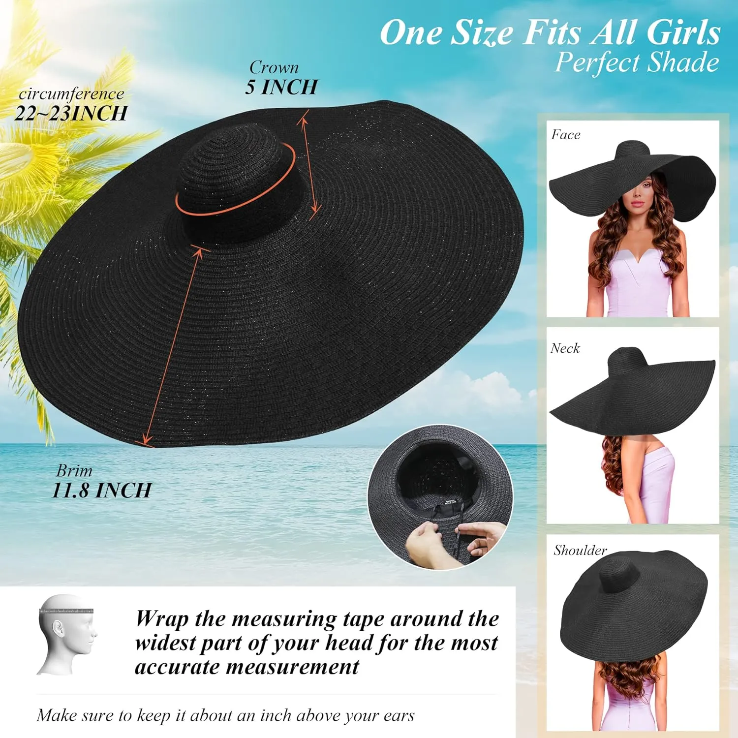 Oversized Sun Straw Hat for Women, UPF 50  Floppy Wide Brim Summer Hat, Foldable Roll Up Travel Hat Beach Hats for Women