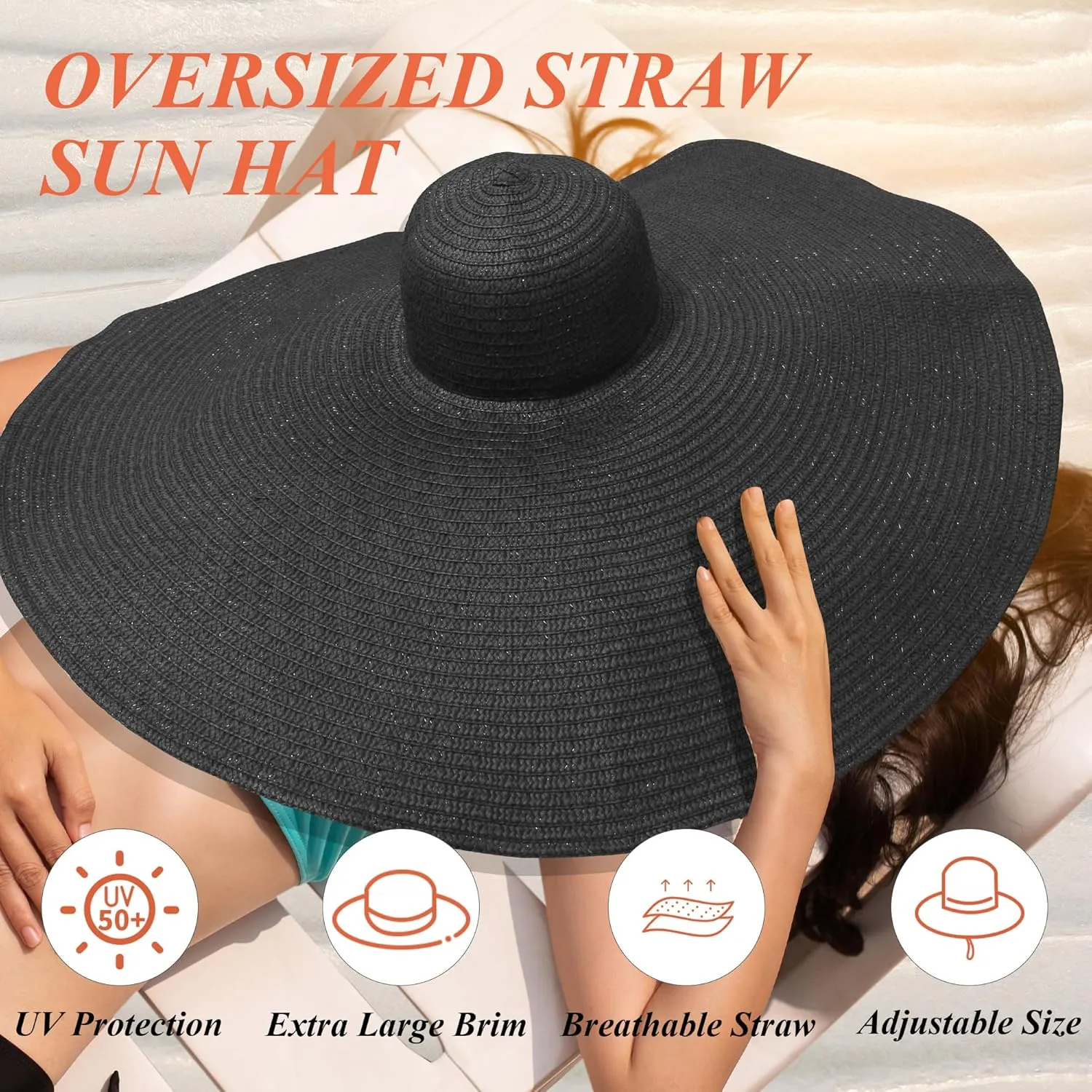Oversized Sun Straw Hat for Women, UPF 50  Floppy Wide Brim Summer Hat, Foldable Roll Up Travel Hat Beach Hats for Women