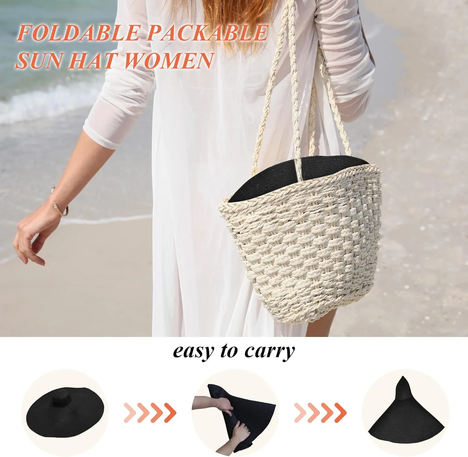 Oversized Sun Straw Hat for Women, UPF 50  Floppy Wide Brim Summer Hat, Foldable Roll Up Travel Hat Beach Hats for Women