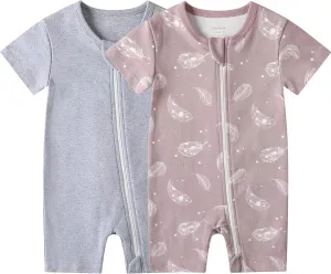 Owlivia Baby Short Sleeve Summer Romper Set, 2 Pack Tank Jumpsuit for Girls and Boys, Cartoon One Piece Coverall Outfit