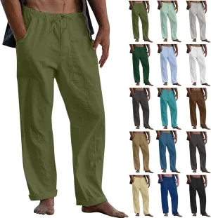 Plus Size Linen Pants Men Loose Fit Casual Drawstring Elastic Waist Pants Lightweight Summer Beach Trousers w/Pockets