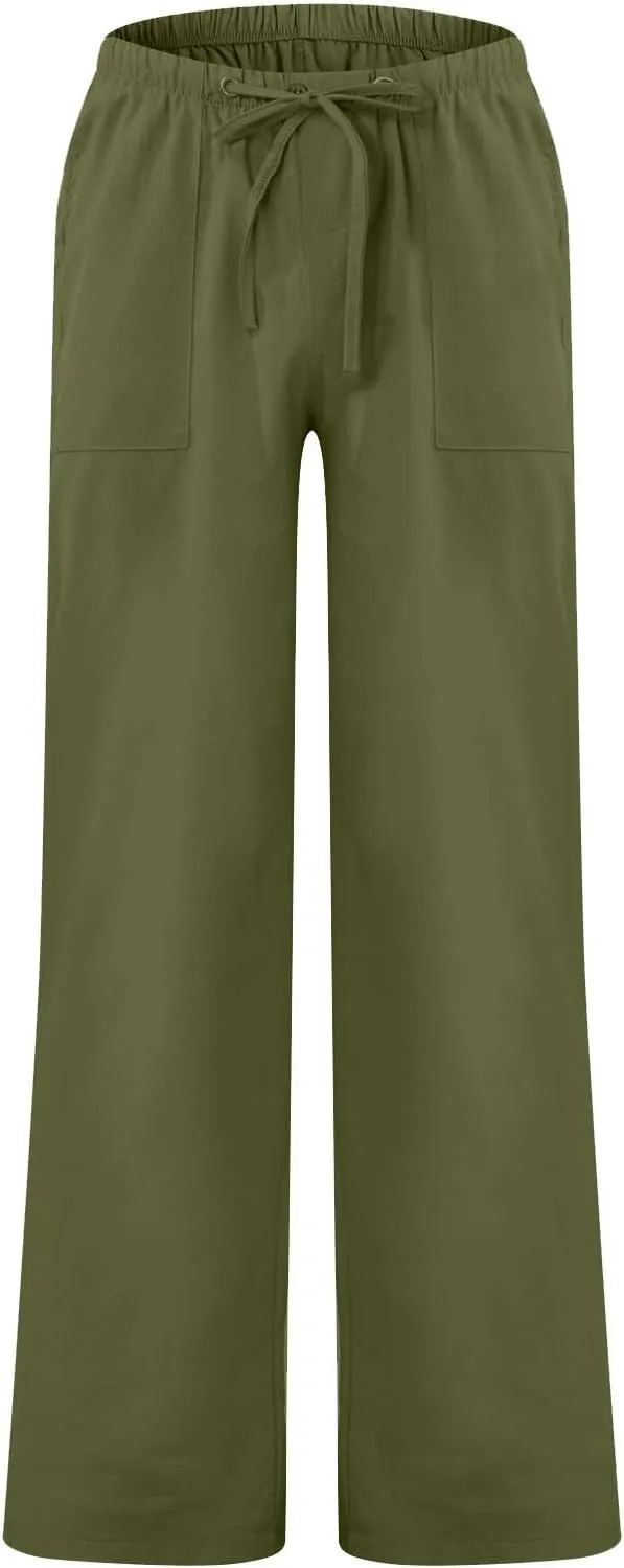 Plus Size Linen Pants Men Loose Fit Casual Drawstring Elastic Waist Pants Lightweight Summer Beach Trousers w/Pockets