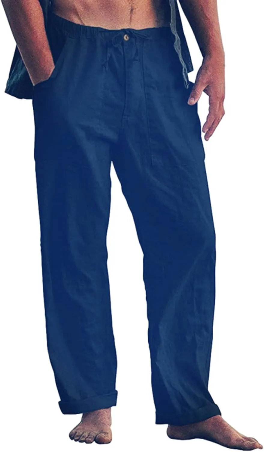 Plus Size Linen Pants Men Loose Fit Casual Drawstring Elastic Waist Pants Lightweight Summer Beach Trousers w/Pockets