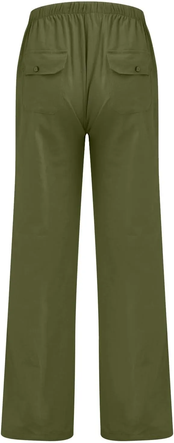 Plus Size Linen Pants Men Loose Fit Casual Drawstring Elastic Waist Pants Lightweight Summer Beach Trousers w/Pockets
