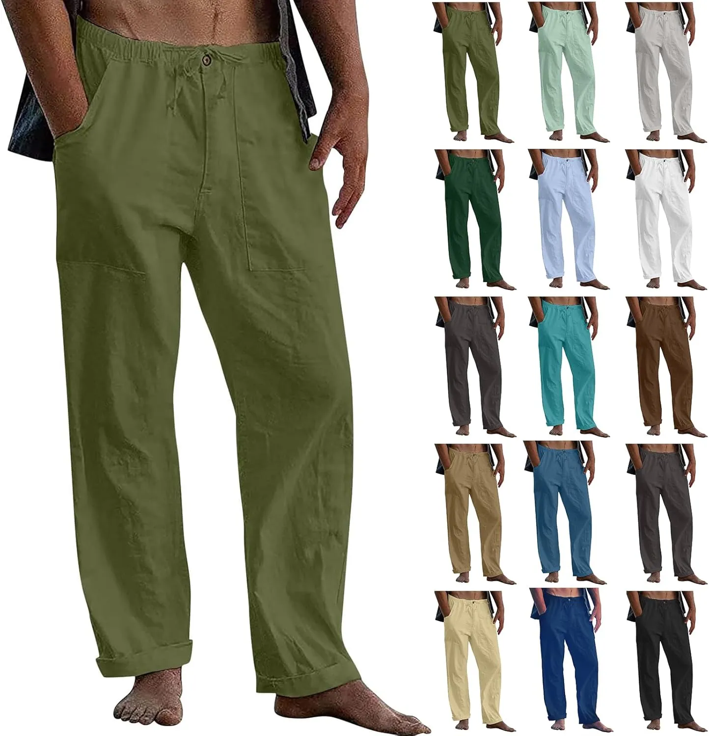 Plus Size Linen Pants Men Loose Fit Casual Drawstring Elastic Waist Pants Lightweight Summer Beach Trousers w/Pockets