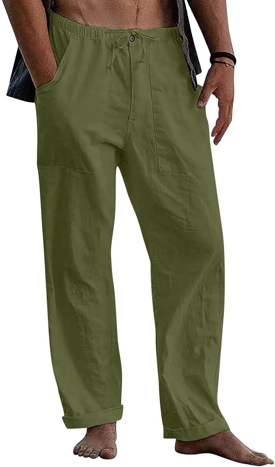 Plus Size Linen Pants Men Loose Fit Casual Drawstring Elastic Waist Pants Lightweight Summer Beach Trousers w/Pockets