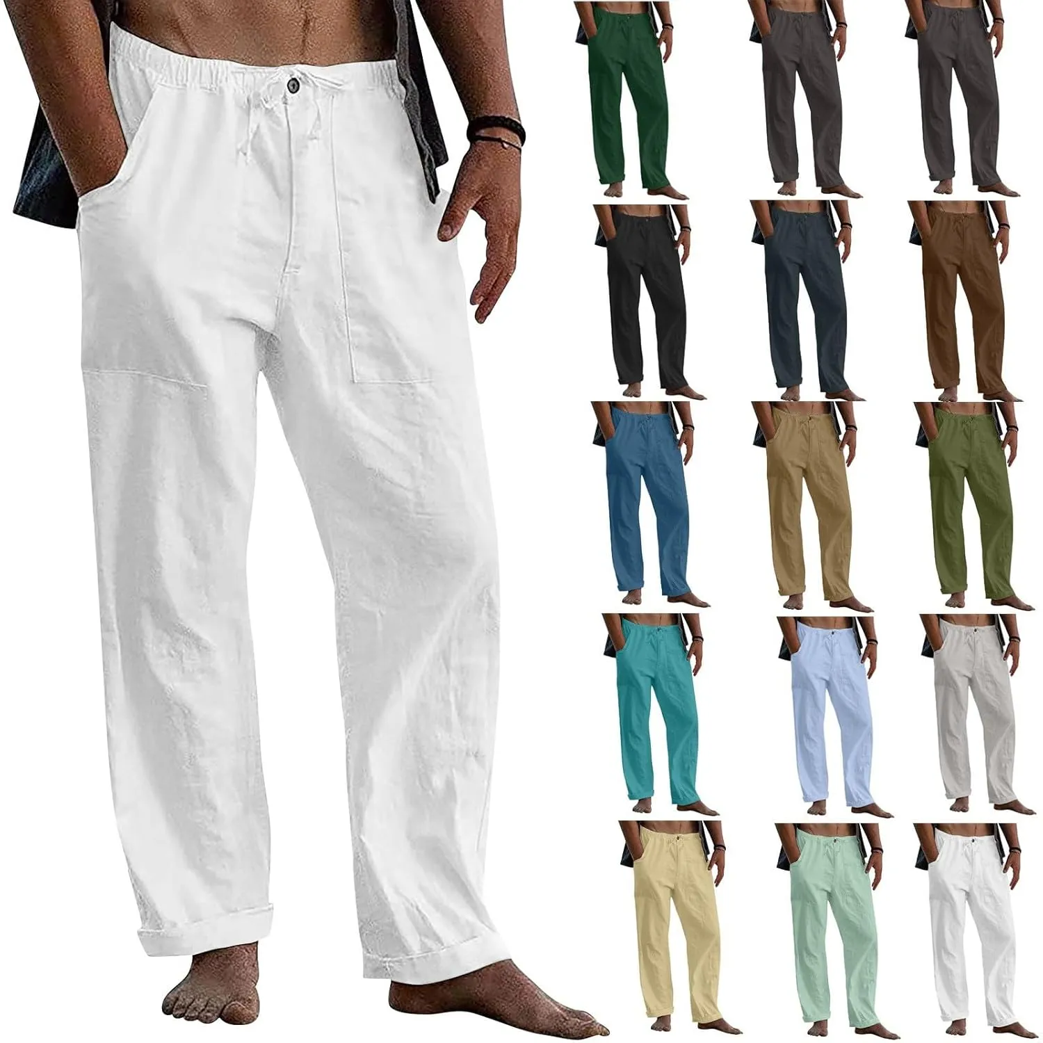 Plus Size Linen Pants Men Loose Fit Casual Drawstring Elastic Waist Pants Lightweight Summer Beach Trousers w/Pockets