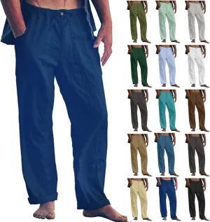 Plus Size Linen Pants Men Loose Fit Casual Drawstring Elastic Waist Pants Lightweight Summer Beach Trousers w/Pockets