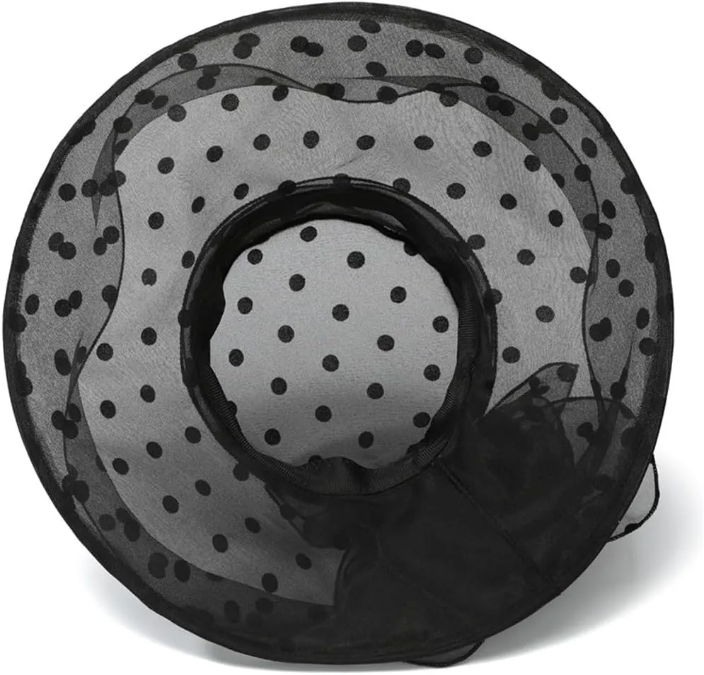 Polka Dots Hat for Women Wide Brim Hats Wedding Tea Party Church Headwear with Flower