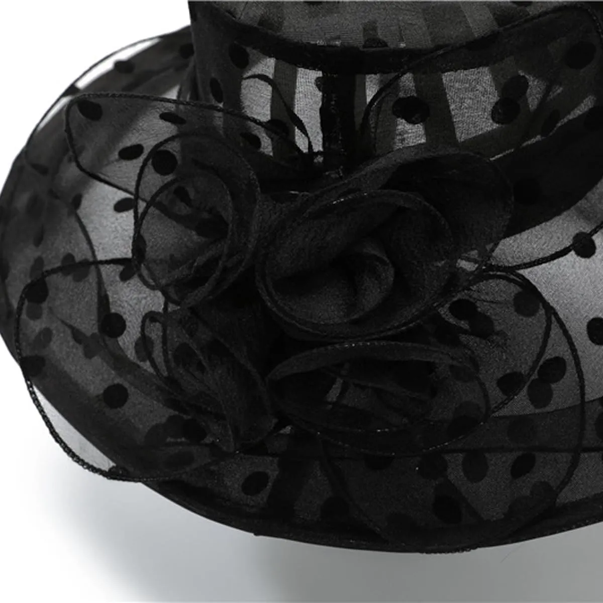 Polka Dots Hat for Women Wide Brim Hats Wedding Tea Party Church Headwear with Flower