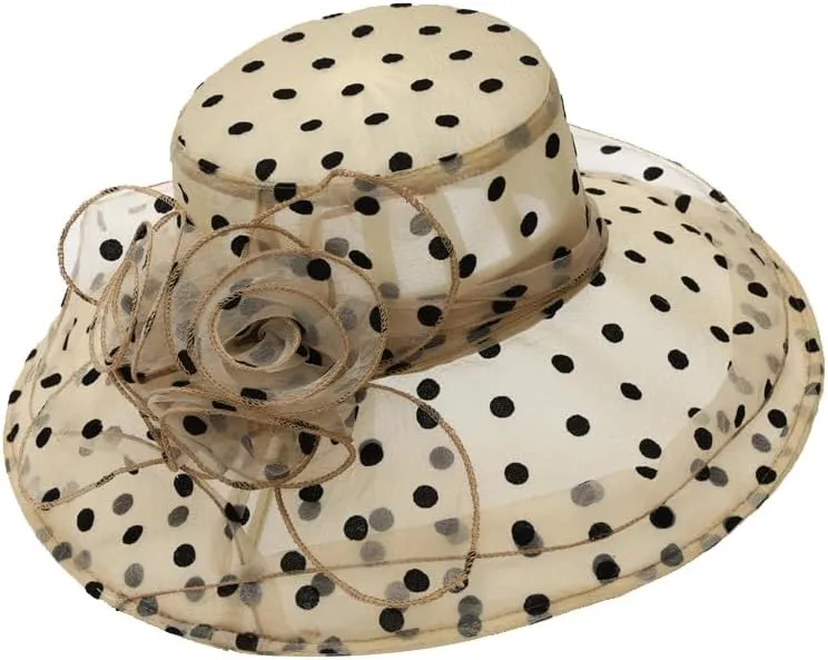 Polka Dots Hat for Women Wide Brim Hats Wedding Tea Party Church Headwear with Flower