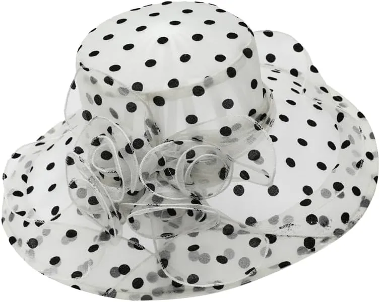 Polka Dots Hat for Women Wide Brim Hats Wedding Tea Party Church Headwear with Flower