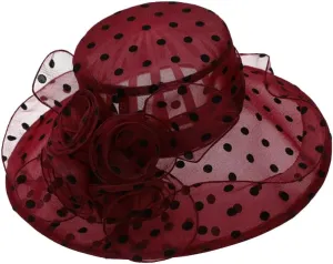 Polka Dots Hat for Women Wide Brim Hats Wedding Tea Party Church Headwear with Flower