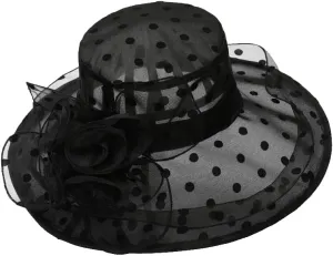 Polka Dots Hat for Women Wide Brim Hats Wedding Tea Party Church Headwear with Flower