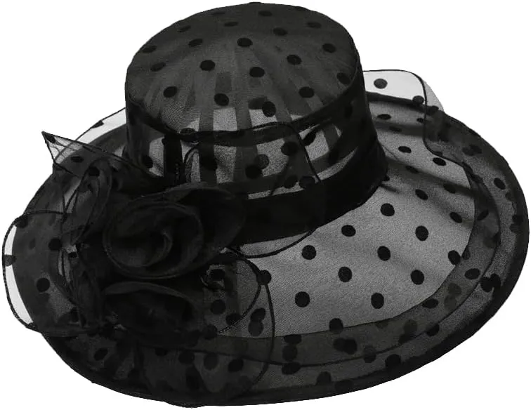 Polka Dots Hat for Women Wide Brim Hats Wedding Tea Party Church Headwear with Flower