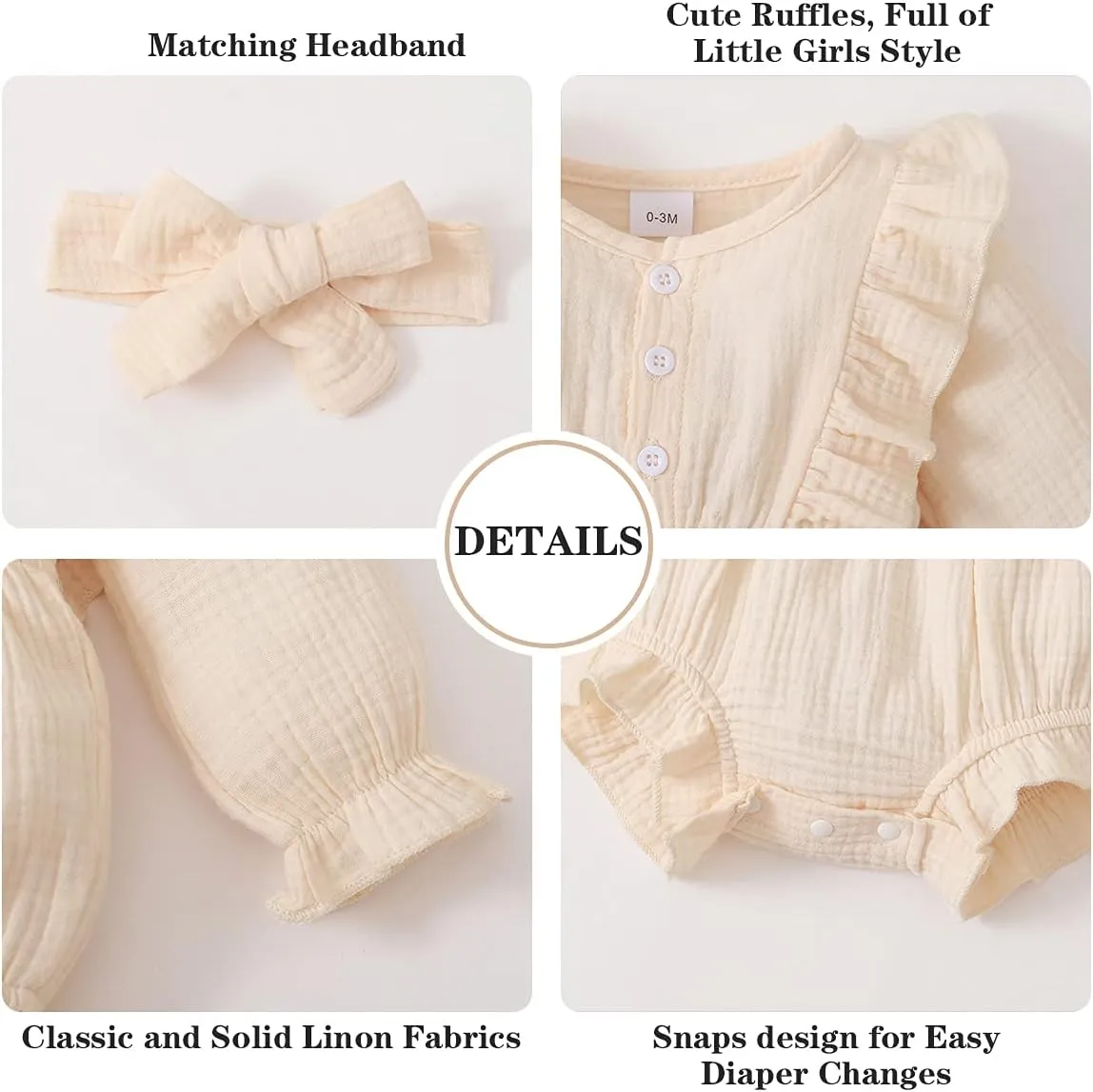 Renotemy Newborn Infant Baby Girl Clothes Cotton Linen Rompers Solid Ruffle Jumpsuits Infant Baby Clothes Girl