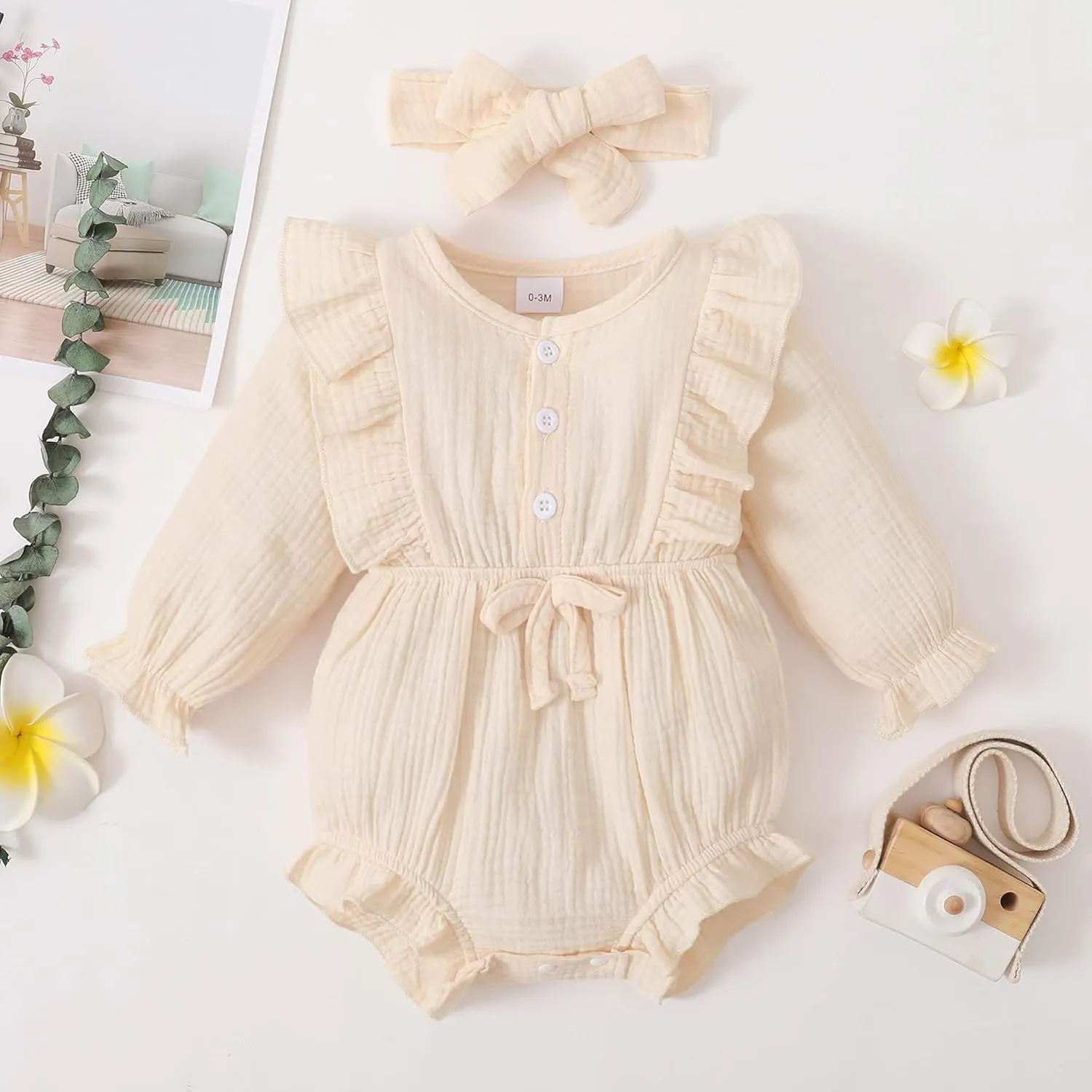Renotemy Newborn Infant Baby Girl Clothes Cotton Linen Rompers Solid Ruffle Jumpsuits Infant Baby Clothes Girl