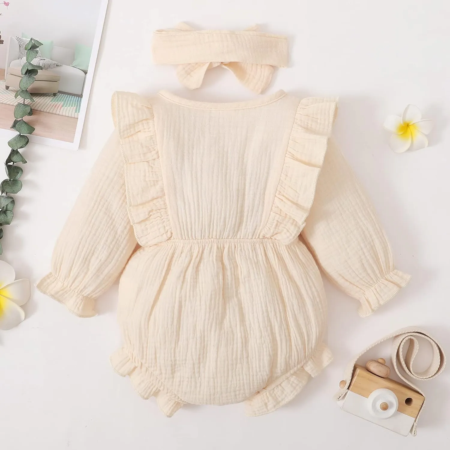 Renotemy Newborn Infant Baby Girl Clothes Cotton Linen Rompers Solid Ruffle Jumpsuits Infant Baby Clothes Girl