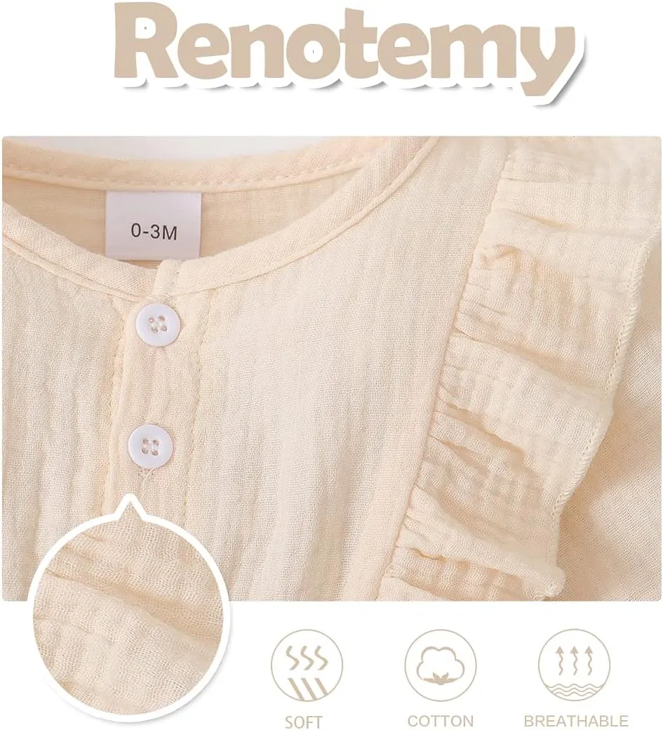 Renotemy Newborn Infant Baby Girl Clothes Cotton Linen Rompers Solid Ruffle Jumpsuits Infant Baby Clothes Girl