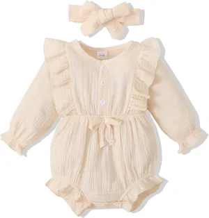 Renotemy Newborn Infant Baby Girl Clothes Cotton Linen Rompers Solid Ruffle Jumpsuits Infant Baby Clothes Girl