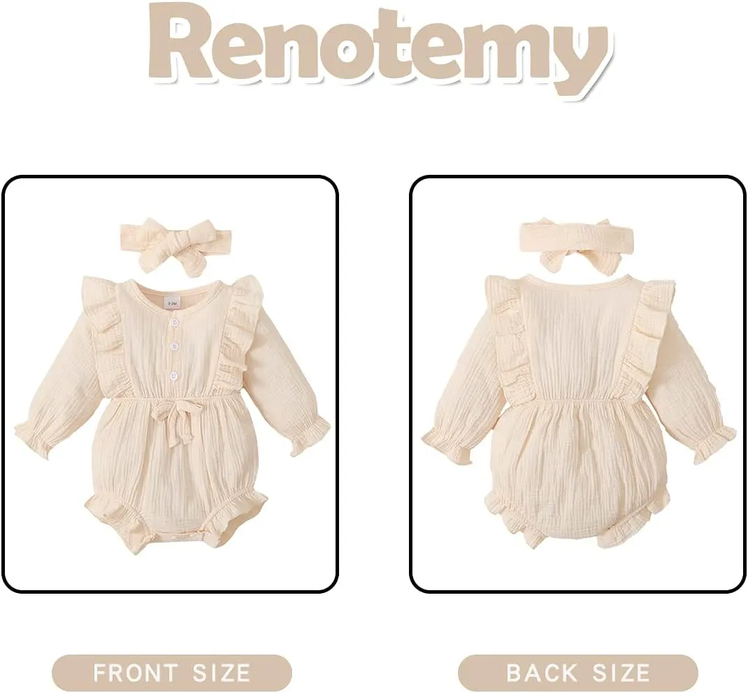 Renotemy Newborn Infant Baby Girl Clothes Cotton Linen Rompers Solid Ruffle Jumpsuits Infant Baby Clothes Girl