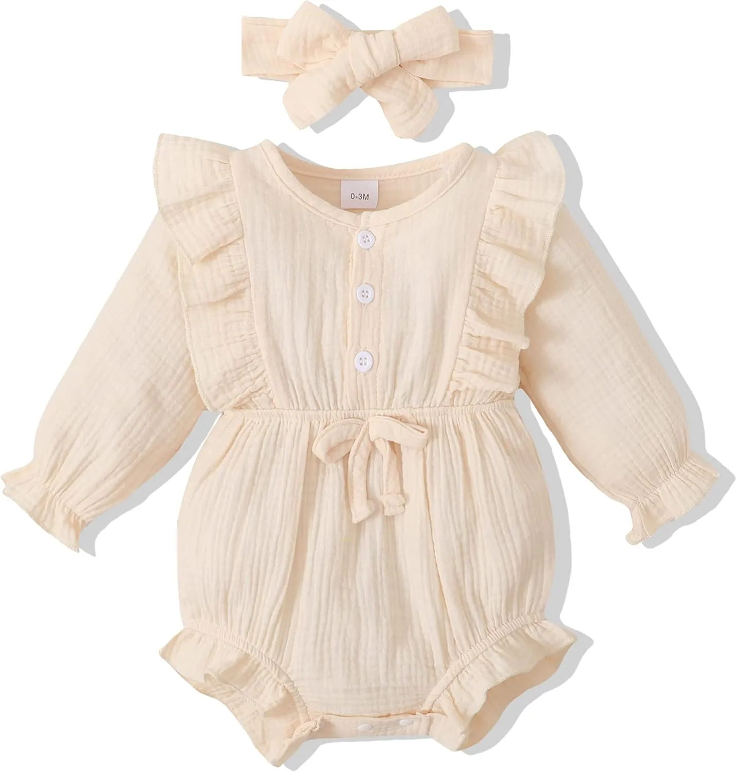 Renotemy Newborn Infant Baby Girl Clothes Cotton Linen Rompers Solid Ruffle Jumpsuits Infant Baby Clothes Girl