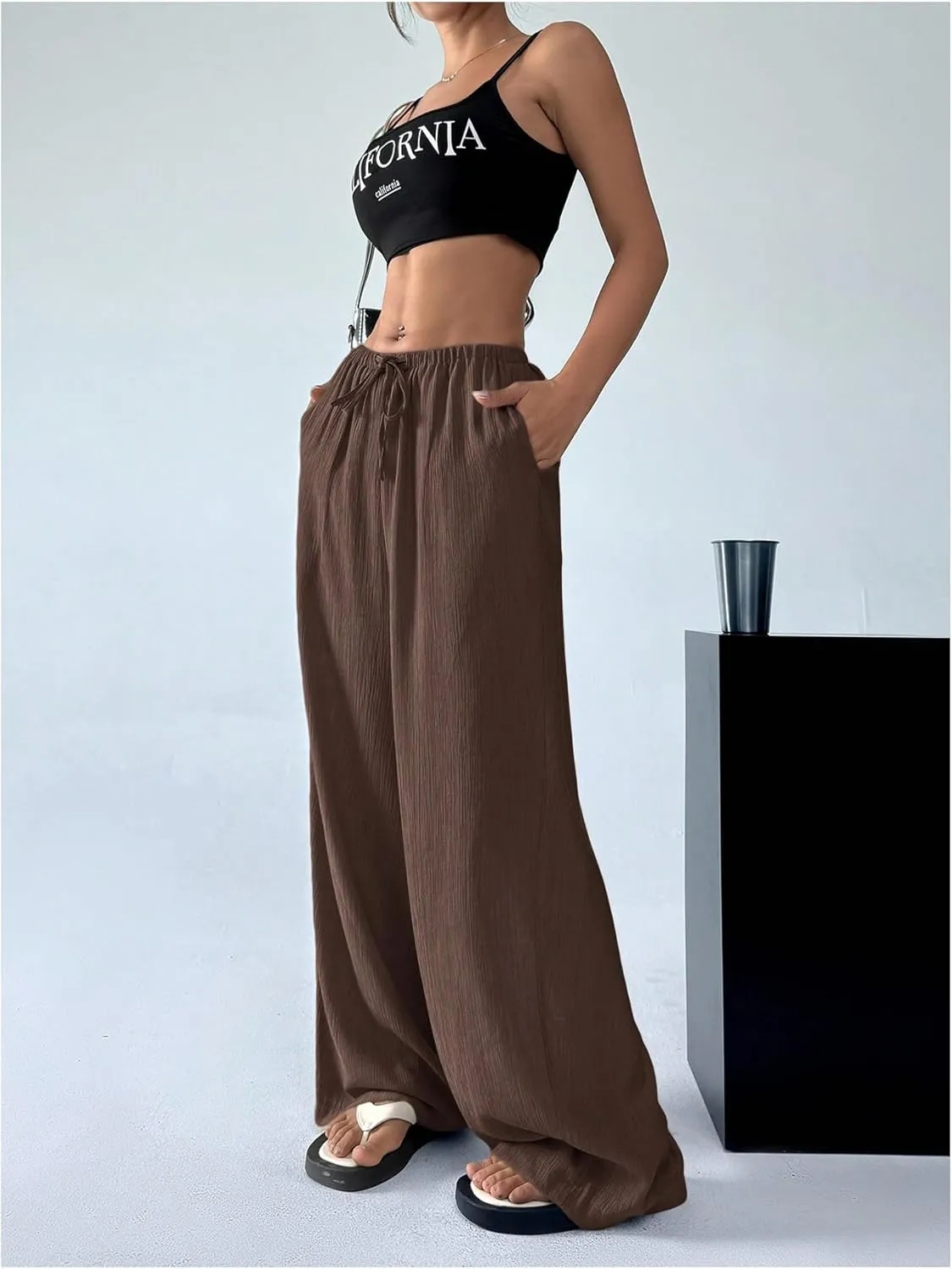 SHENHE Women's Drawstring Tie Front Straight Leg Pants Wide Leg Elastic Waist Pants