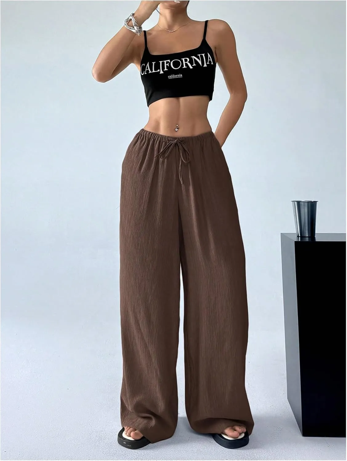 SHENHE Women's Drawstring Tie Front Straight Leg Pants Wide Leg Elastic Waist Pants