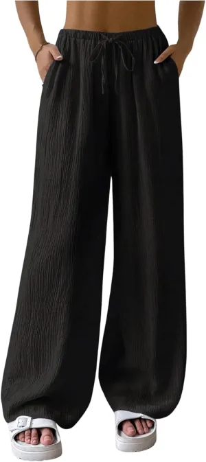 SHENHE Women's Drawstring Tie Front Straight Leg Pants Wide Leg Elastic Waist Pants
