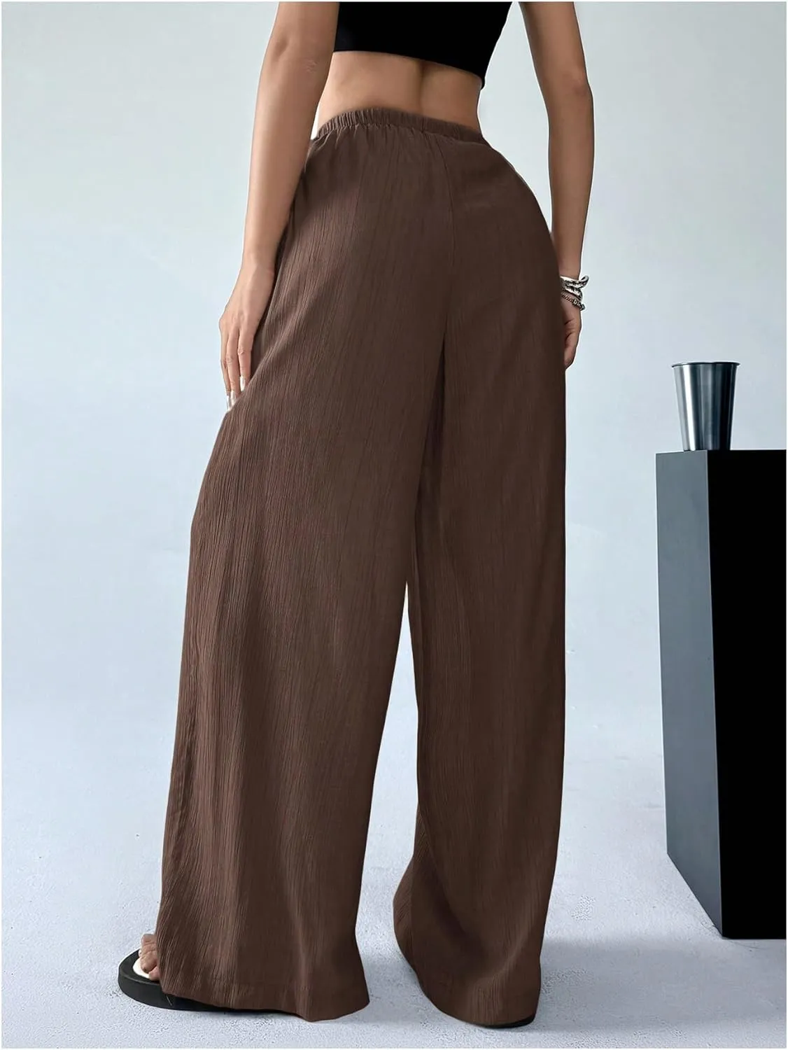 SHENHE Women's Drawstring Tie Front Straight Leg Pants Wide Leg Elastic Waist Pants