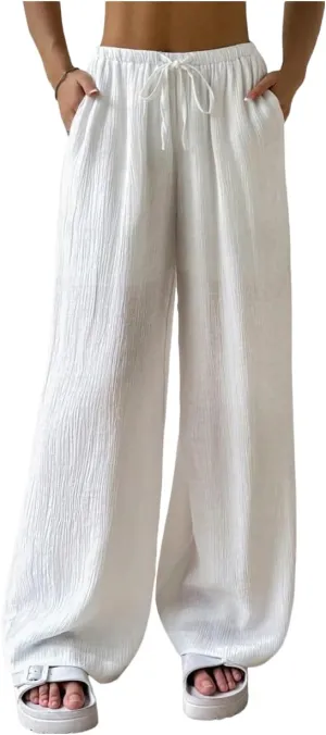 SHENHE Women's Drawstring Tie Front Straight Leg Pants Wide Leg Elastic Waist Pants