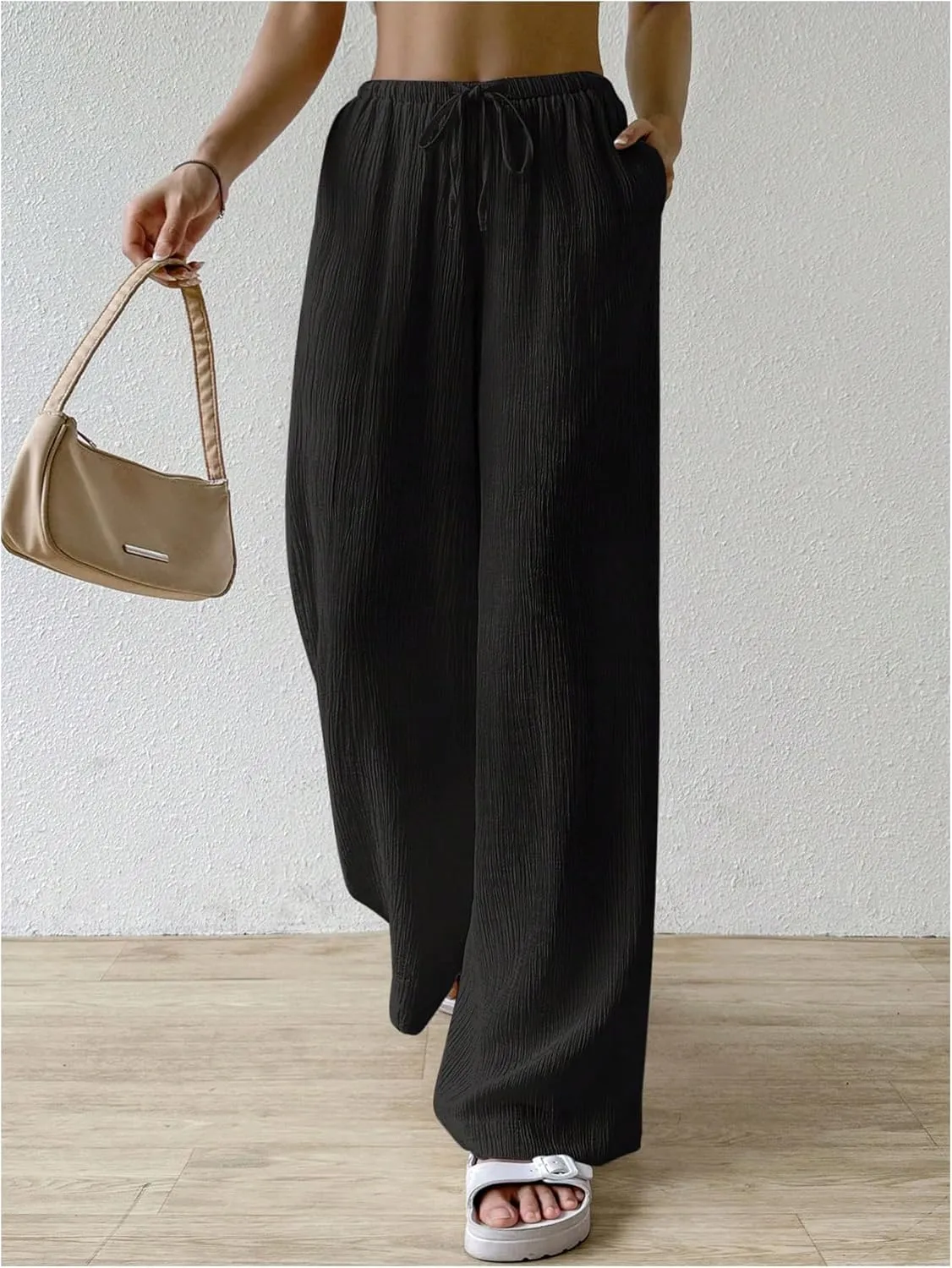 SHENHE Women's Drawstring Tie Front Straight Leg Pants Wide Leg Elastic Waist Pants
