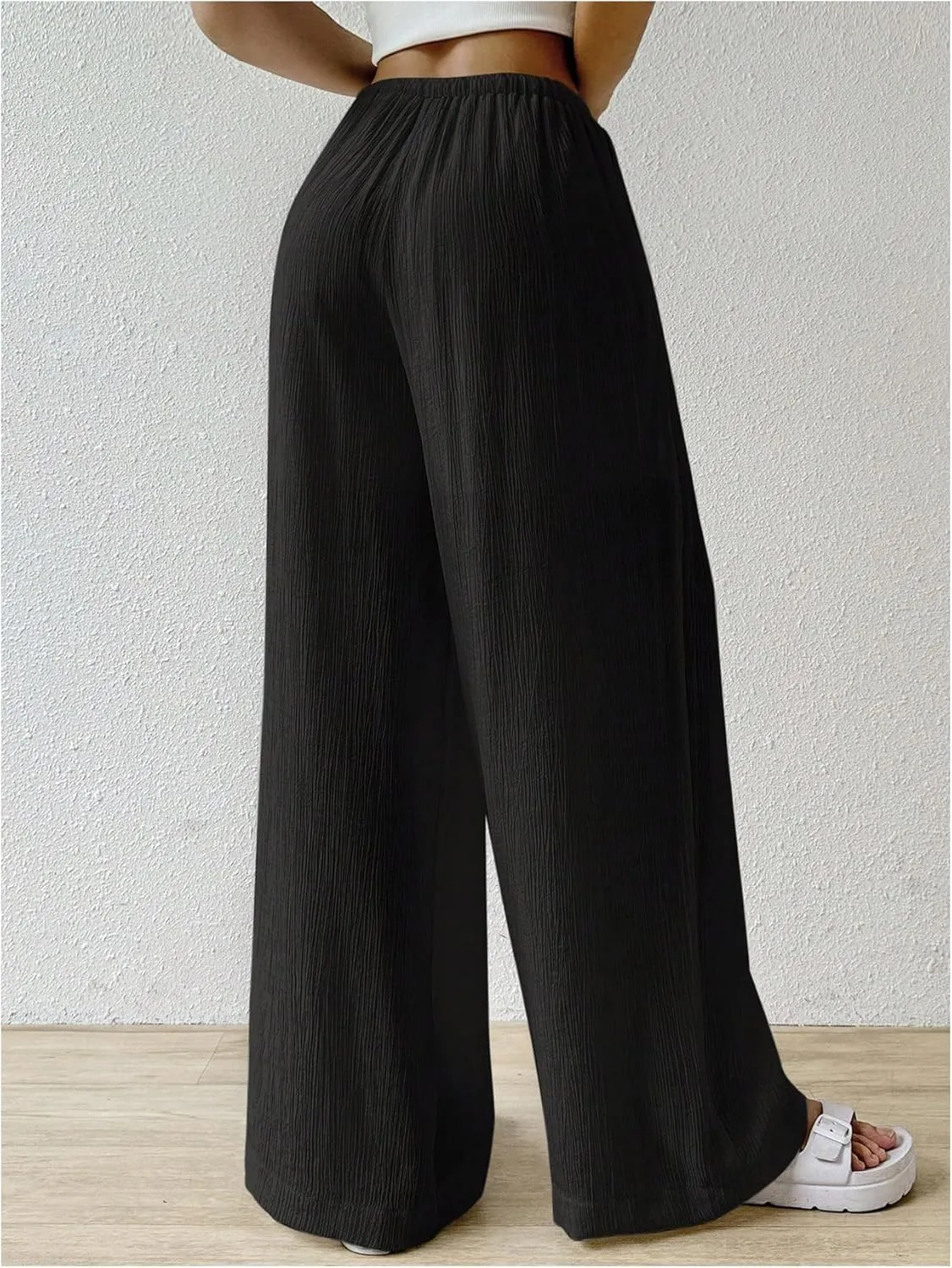 SHENHE Women's Drawstring Tie Front Straight Leg Pants Wide Leg Elastic Waist Pants
