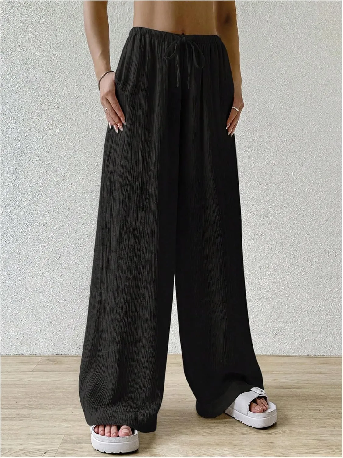 SHENHE Women's Drawstring Tie Front Straight Leg Pants Wide Leg Elastic Waist Pants