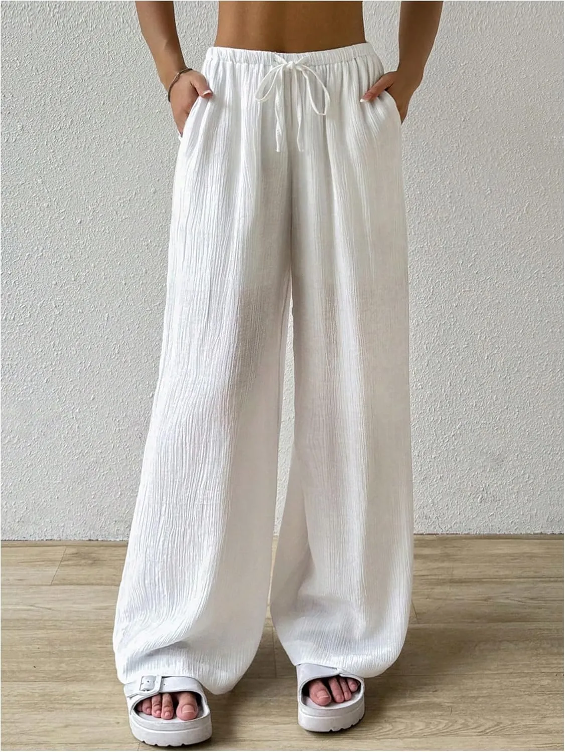 SHENHE Women's Drawstring Tie Front Straight Leg Pants Wide Leg Elastic Waist Pants