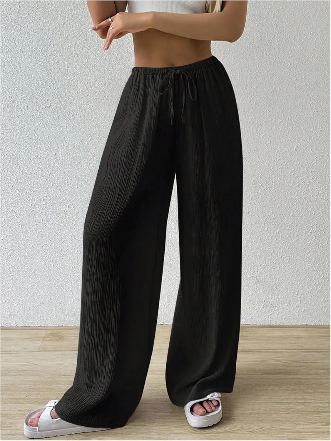 SHENHE Women's Drawstring Tie Front Straight Leg Pants Wide Leg Elastic Waist Pants