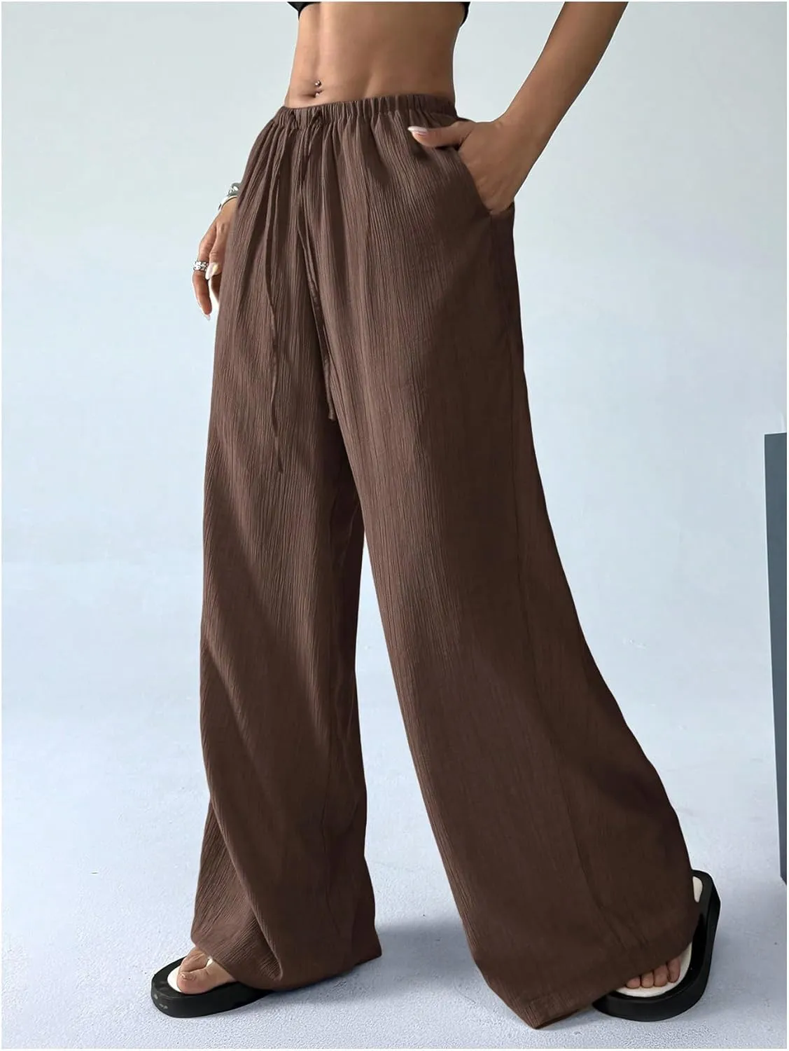 SHENHE Women's Drawstring Tie Front Straight Leg Pants Wide Leg Elastic Waist Pants