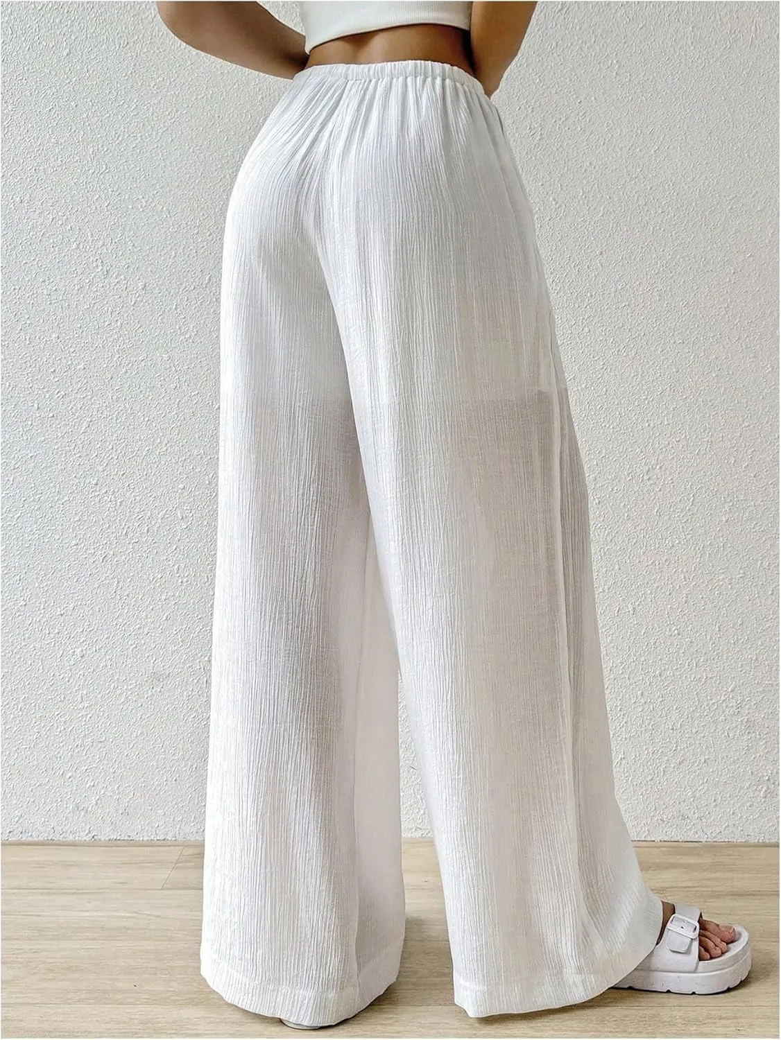 SHENHE Women's Drawstring Tie Front Straight Leg Pants Wide Leg Elastic Waist Pants