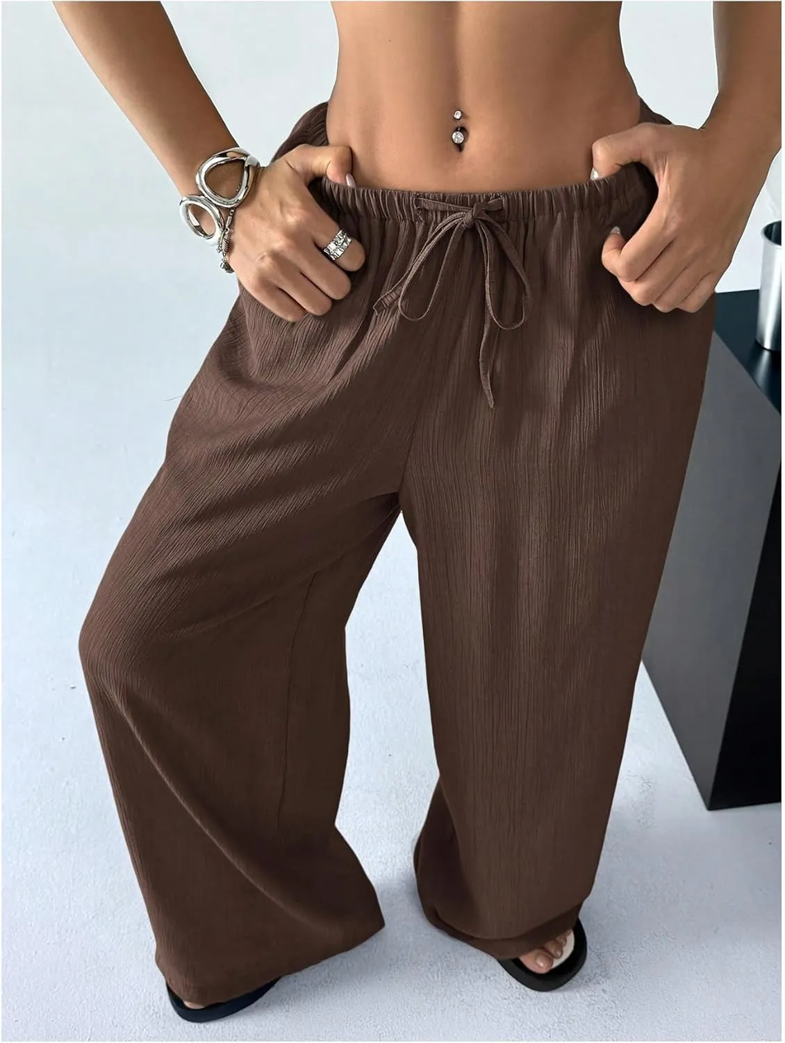 SHENHE Women's Drawstring Tie Front Straight Leg Pants Wide Leg Elastic Waist Pants