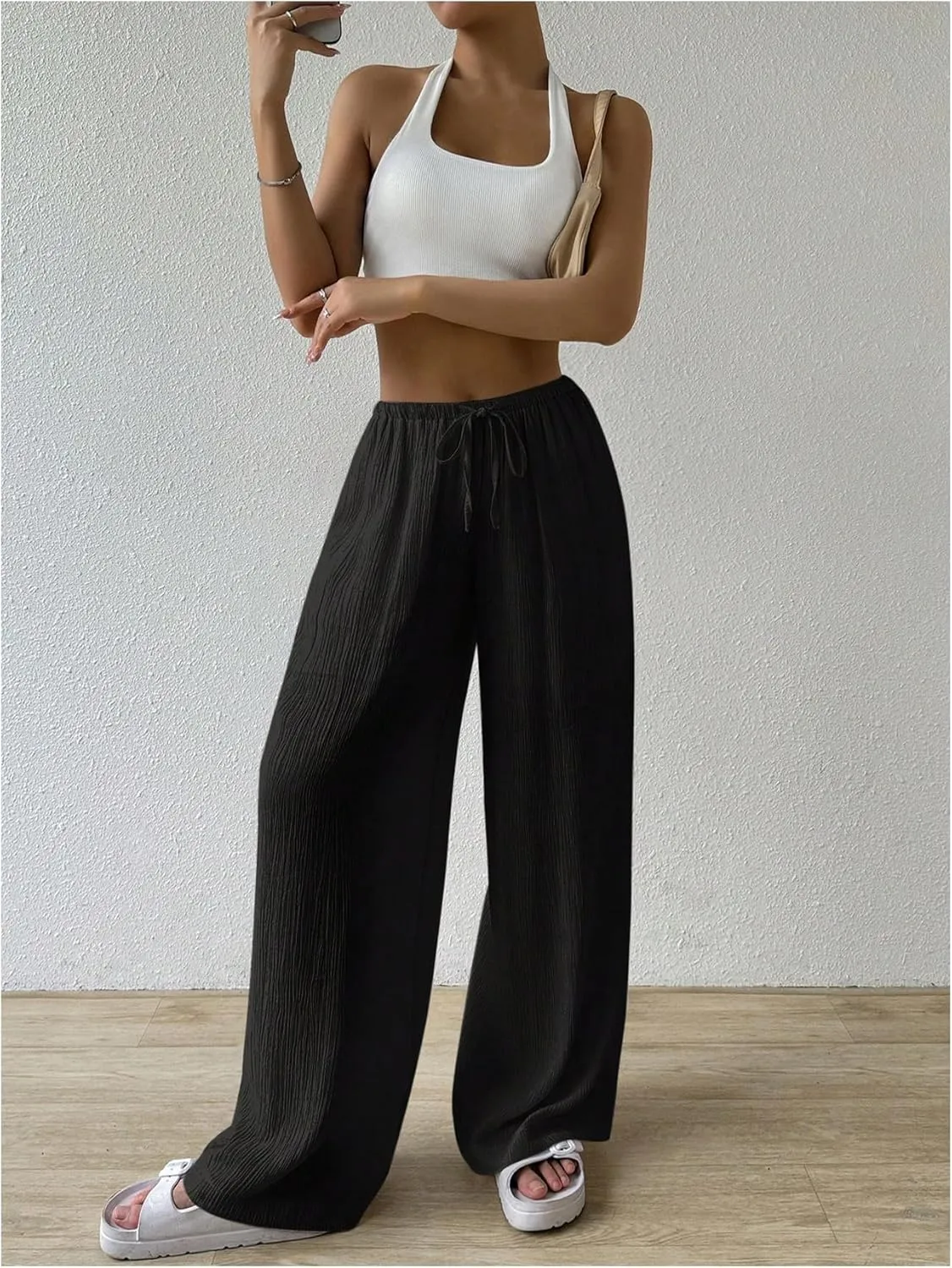 SHENHE Women's Drawstring Tie Front Straight Leg Pants Wide Leg Elastic Waist Pants