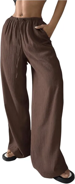 SHENHE Women's Drawstring Tie Front Straight Leg Pants Wide Leg Elastic Waist Pants
