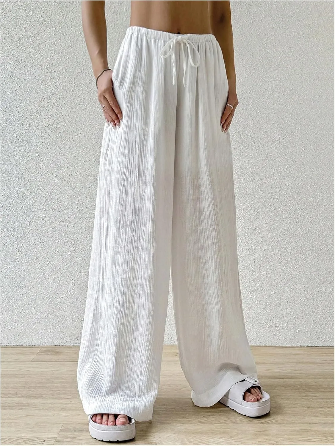 SHENHE Women's Drawstring Tie Front Straight Leg Pants Wide Leg Elastic Waist Pants