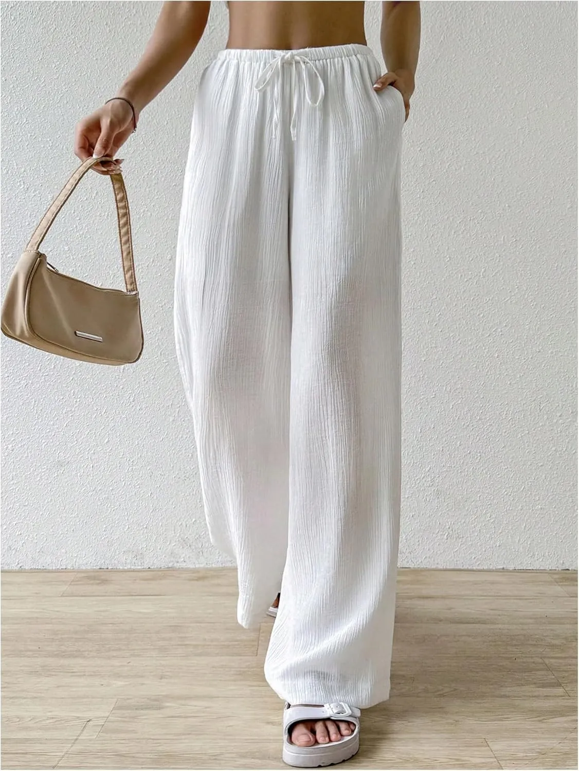 SHENHE Women's Drawstring Tie Front Straight Leg Pants Wide Leg Elastic Waist Pants