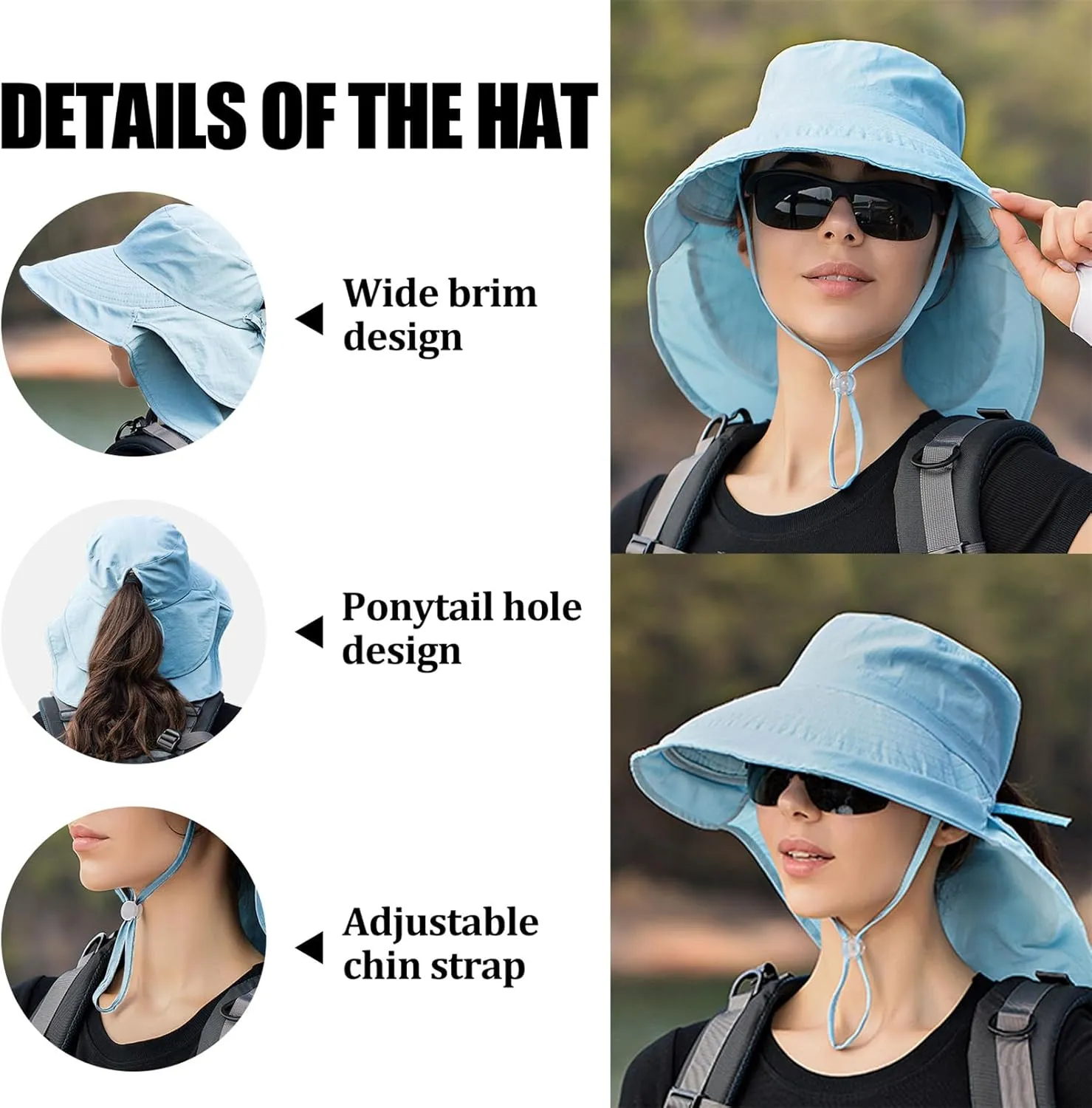 Sun Hat Women Men with Neck Flap Wide Brim Hat, Foldable Ponytail Summer UV Protection Fishing Hat for Beach Hiking Gardening