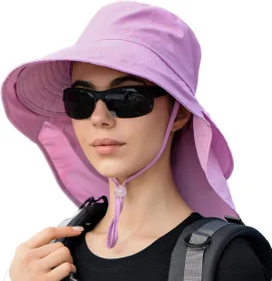 Sun Hat Women Men with Neck Flap Wide Brim Hat, Foldable Ponytail Summer UV Protection Fishing Hat for Beach Hiking Gardening