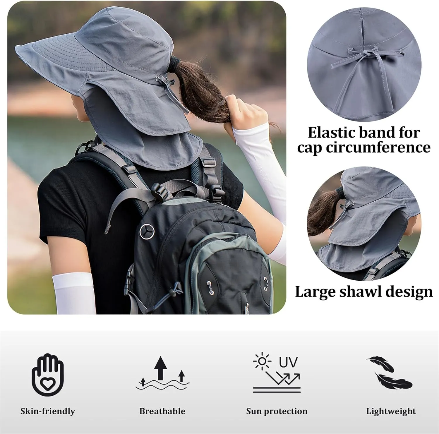 Sun Hat Women Men with Neck Flap Wide Brim Hat, Foldable Ponytail Summer UV Protection Fishing Hat for Beach Hiking Gardening