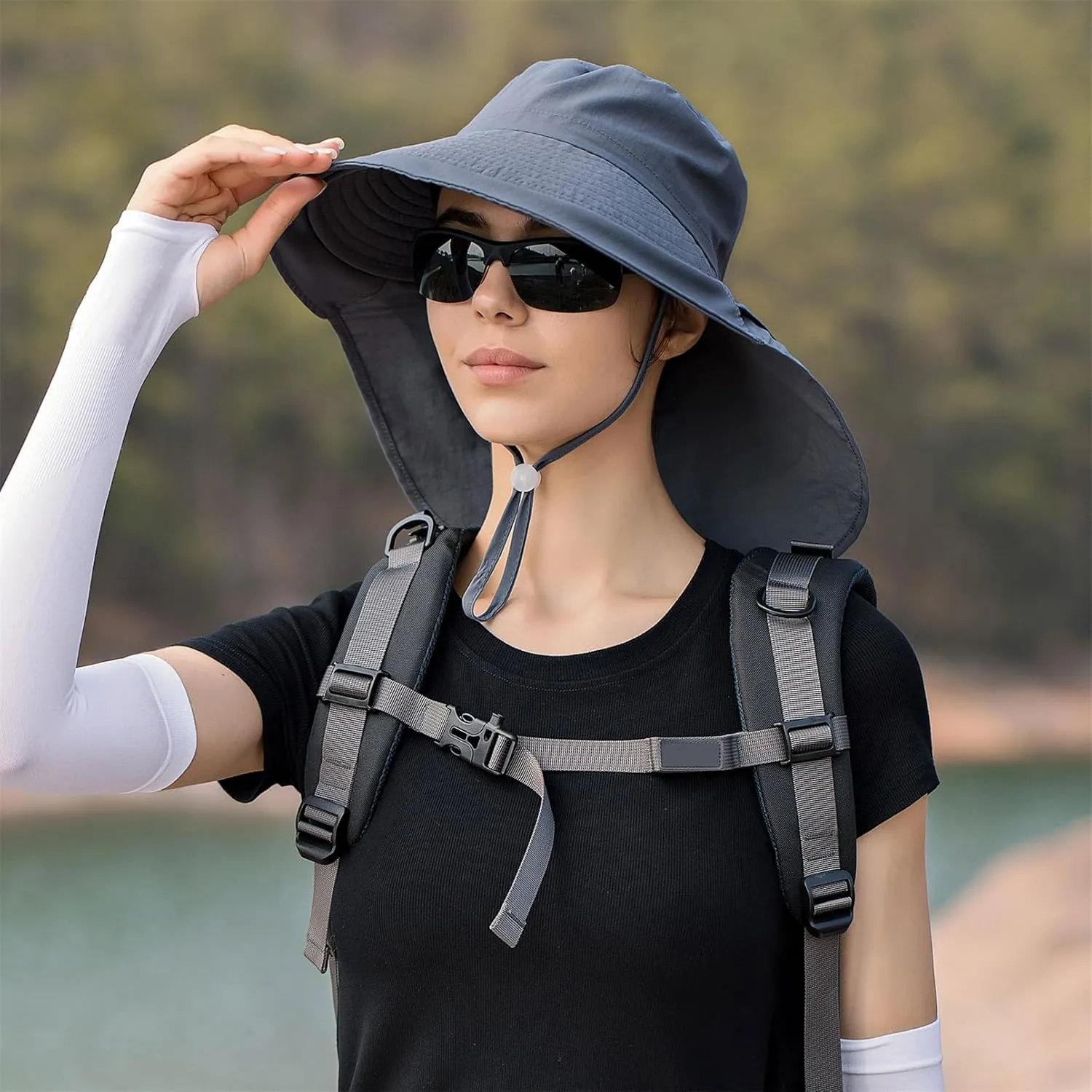 Sun Hat Women Men with Neck Flap Wide Brim Hat, Foldable Ponytail Summer UV Protection Fishing Hat for Beach Hiking Gardening