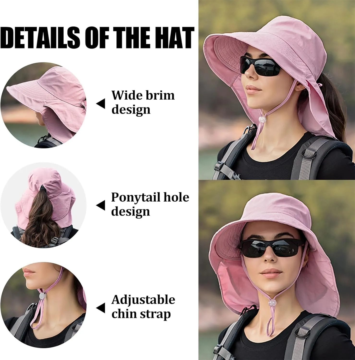 Sun Hat Women Men with Neck Flap Wide Brim Hat, Foldable Ponytail Summer UV Protection Fishing Hat for Beach Hiking Gardening