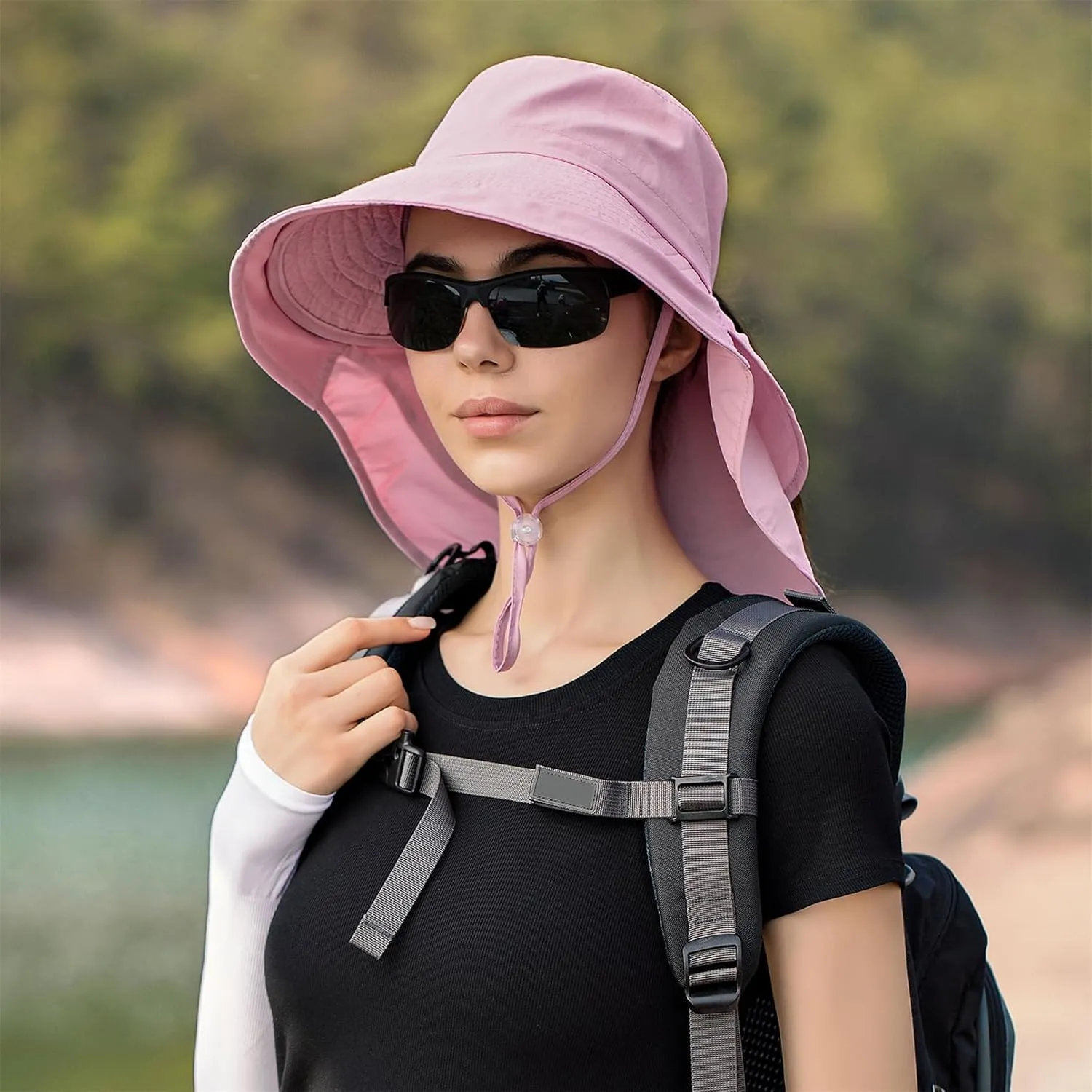 Sun Hat Women Men with Neck Flap Wide Brim Hat, Foldable Ponytail Summer UV Protection Fishing Hat for Beach Hiking Gardening